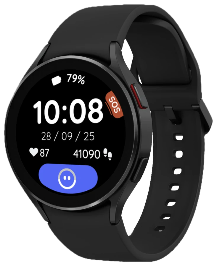 Ellie Watch Samsung with user face - 10:08, 79% battery, heart rate, steps, SOS button
